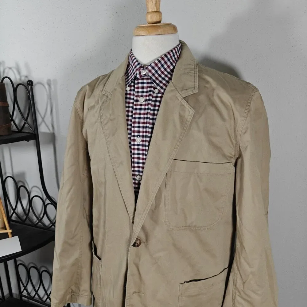 Duluth Trading Co. Mens Sport Coat Blazer Two Button Solid Beige Cotton Heavy LG